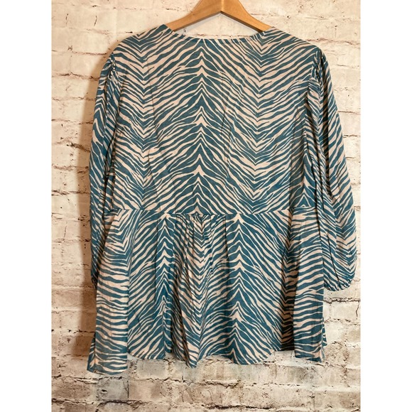 New Directions Babydoll Top Womens Large Teal & Tan Zebra Animal Print Flowy - Picture 11 of 13